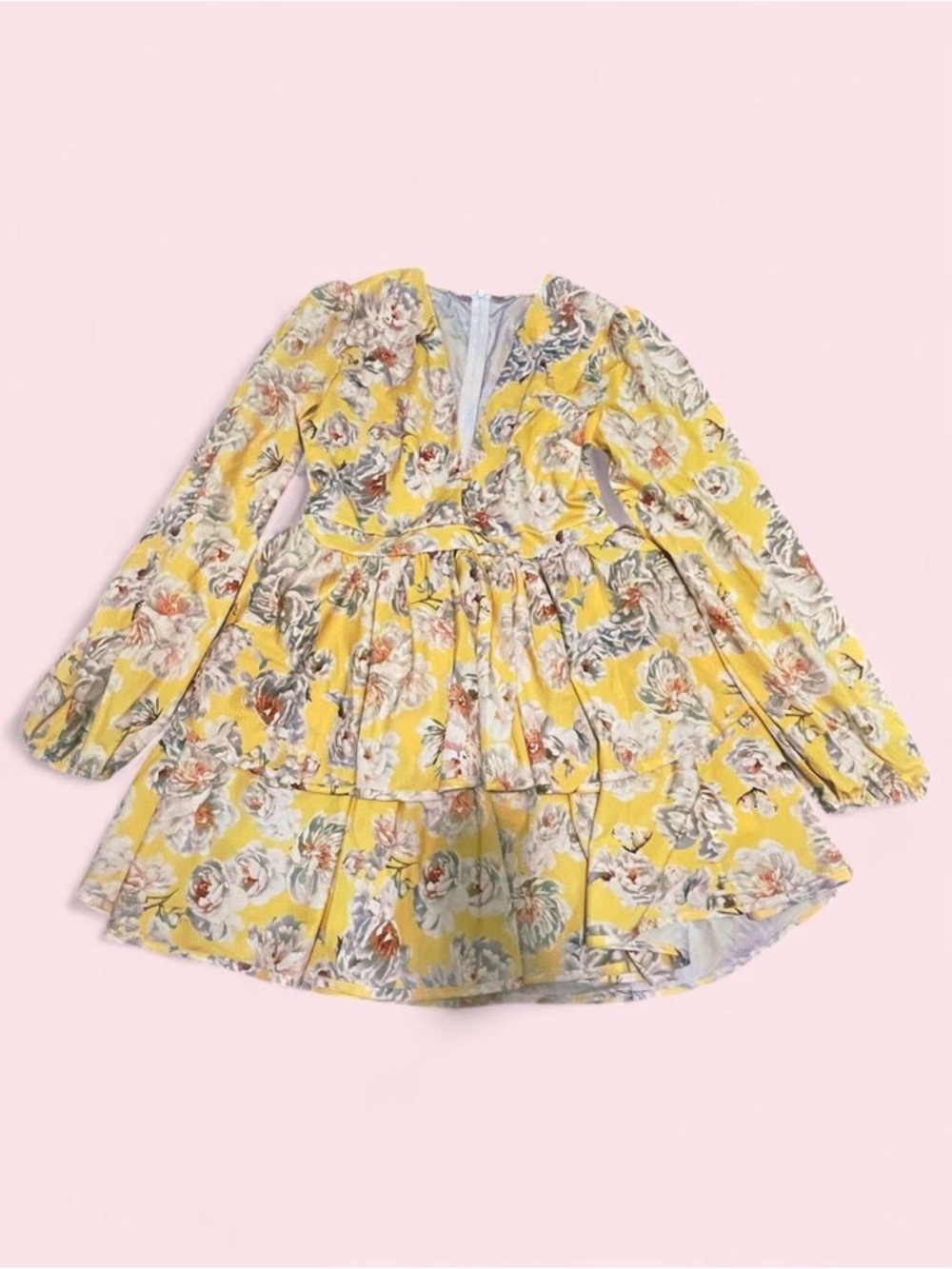 Yellow Floral Tiered Long-Sleeve Dress